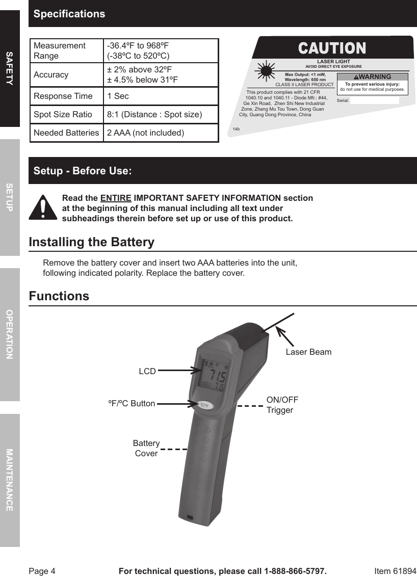 Page 4 of 8 - Harbor-Freight Harbor-Freight-Non-Contact-Infrared-Thermometer-With-Laser-Targeting-Product-Manual-  Harbor-freight-non-contact-infrared-thermometer-with-laser-targeting-product-manual