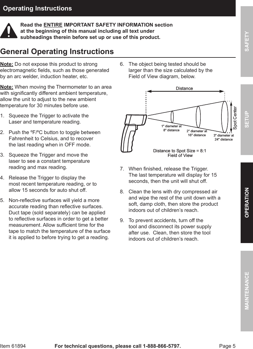 Page 5 of 8 - Harbor-Freight Harbor-Freight-Non-Contact-Infrared-Thermometer-With-Laser-Targeting-Product-Manual-  Harbor-freight-non-contact-infrared-thermometer-with-laser-targeting-product-manual