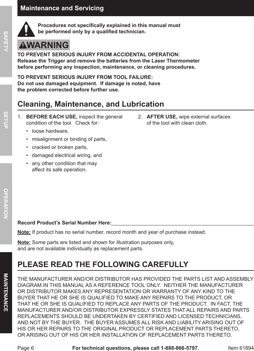 Page 6 of 8 - Harbor-Freight Harbor-Freight-Non-Contact-Infrared-Thermometer-With-Laser-Targeting-Product-Manual-  Harbor-freight-non-contact-infrared-thermometer-with-laser-targeting-product-manual