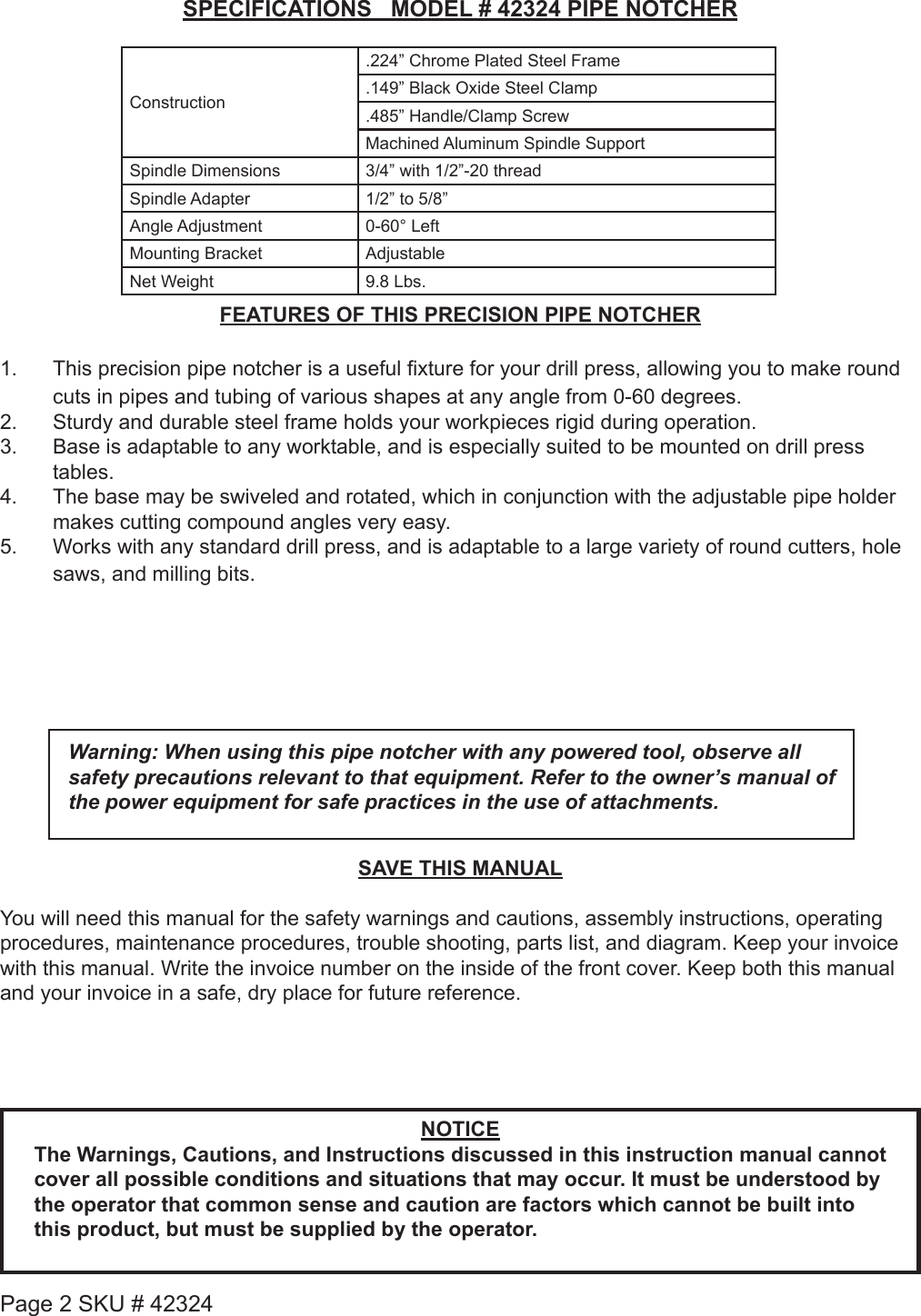 Page 2 of 7 - Harbor-Freight Harbor-Freight-Pipe-Tubing-Notcher-Product-Manual-  Harbor-freight-pipe-tubing-notcher-product-manual