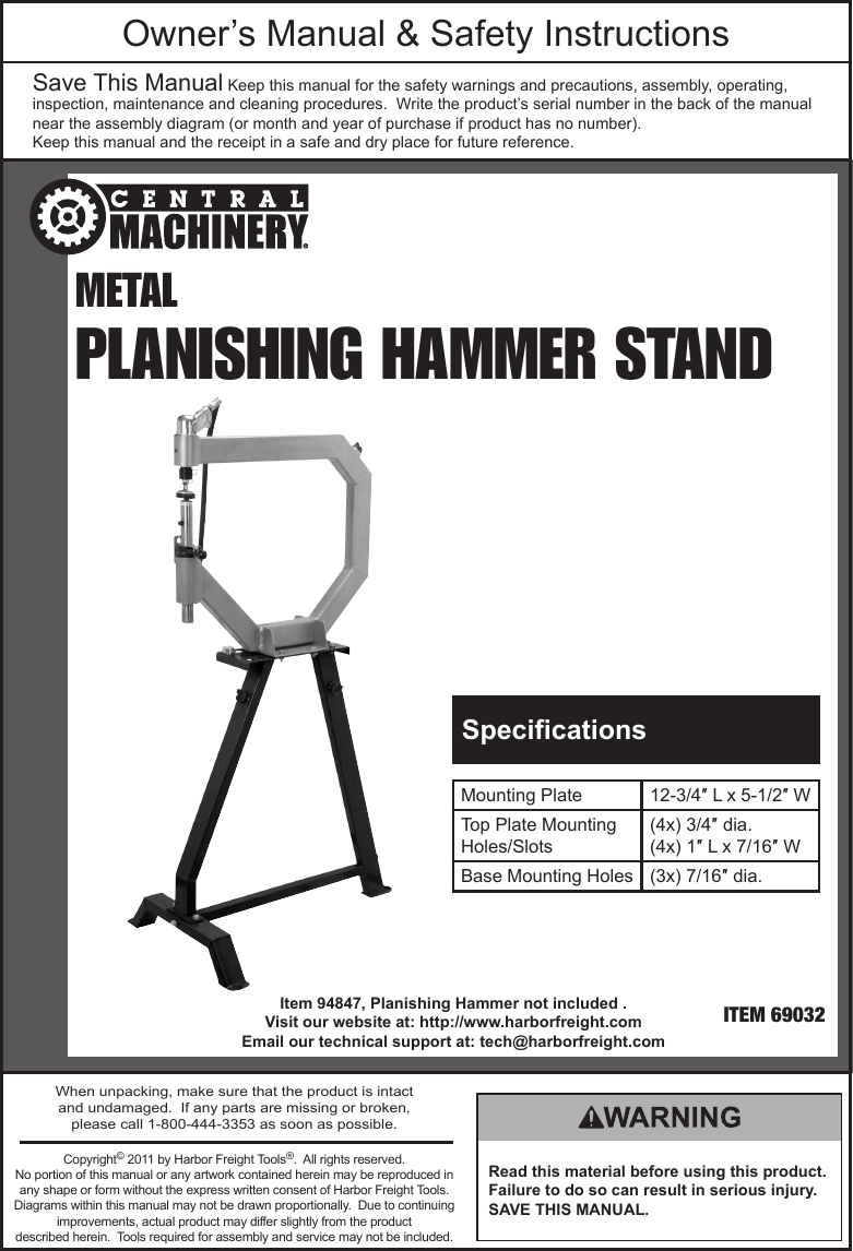 Page 1 of 4 - Harbor-Freight Harbor-Freight-Planishing-Hammer-Stand-Product-Manual-  Harbor-freight-planishing-hammer-stand-product-manual