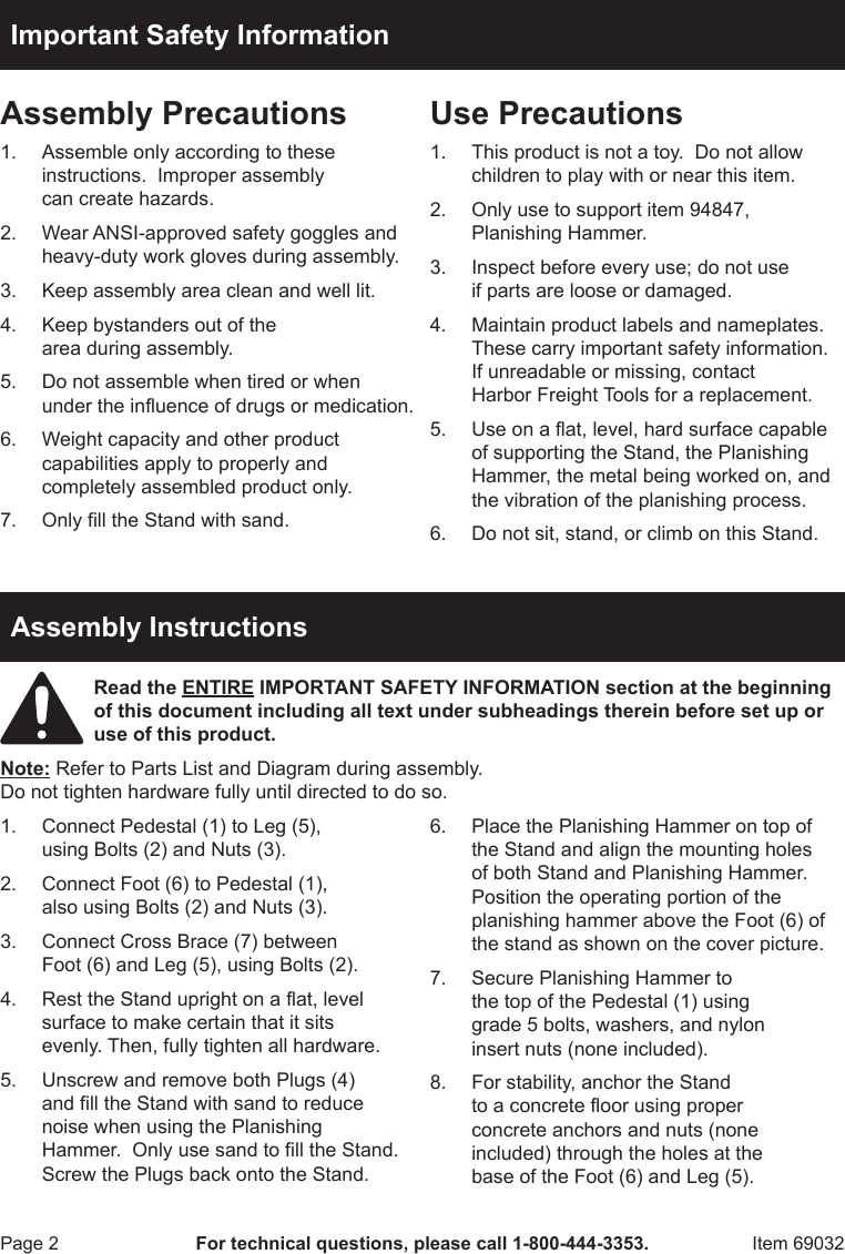 Page 2 of 4 - Harbor-Freight Harbor-Freight-Planishing-Hammer-Stand-Product-Manual-  Harbor-freight-planishing-hammer-stand-product-manual