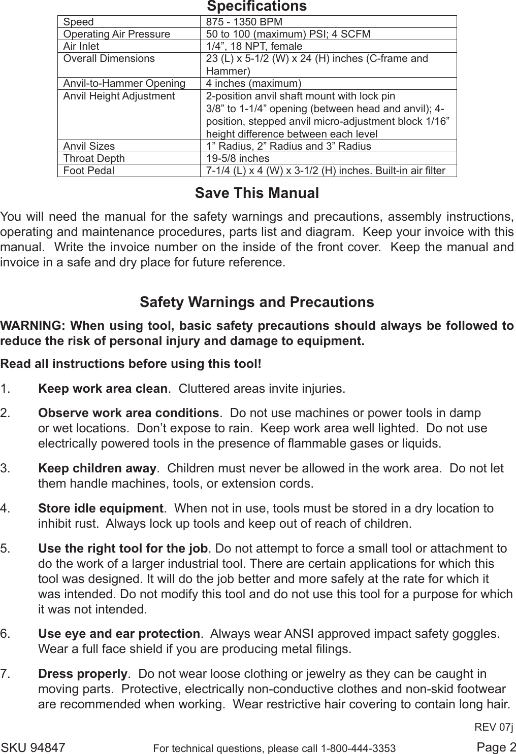 Page 2 of 9 - Harbor-Freight Harbor-Freight-Pneumatic-Planishing-Hammer-Product-Manual-  Harbor-freight-pneumatic-planishing-hammer-product-manual