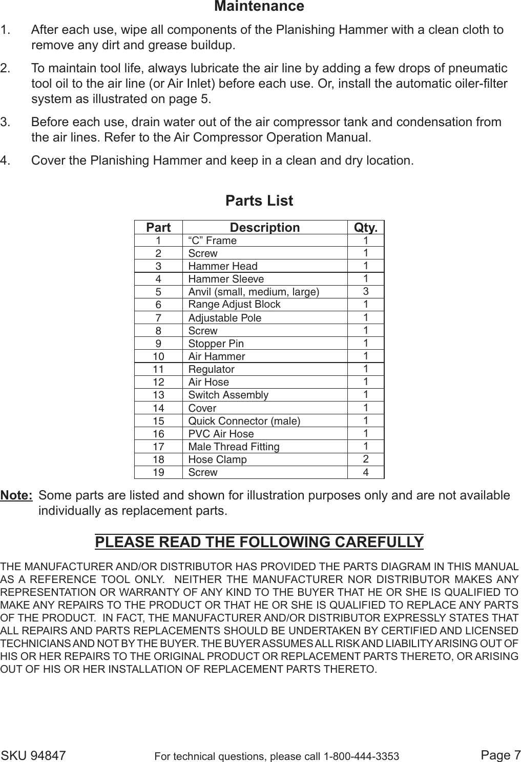 Page 7 of 9 - Harbor-Freight Harbor-Freight-Pneumatic-Planishing-Hammer-Product-Manual-  Harbor-freight-pneumatic-planishing-hammer-product-manual