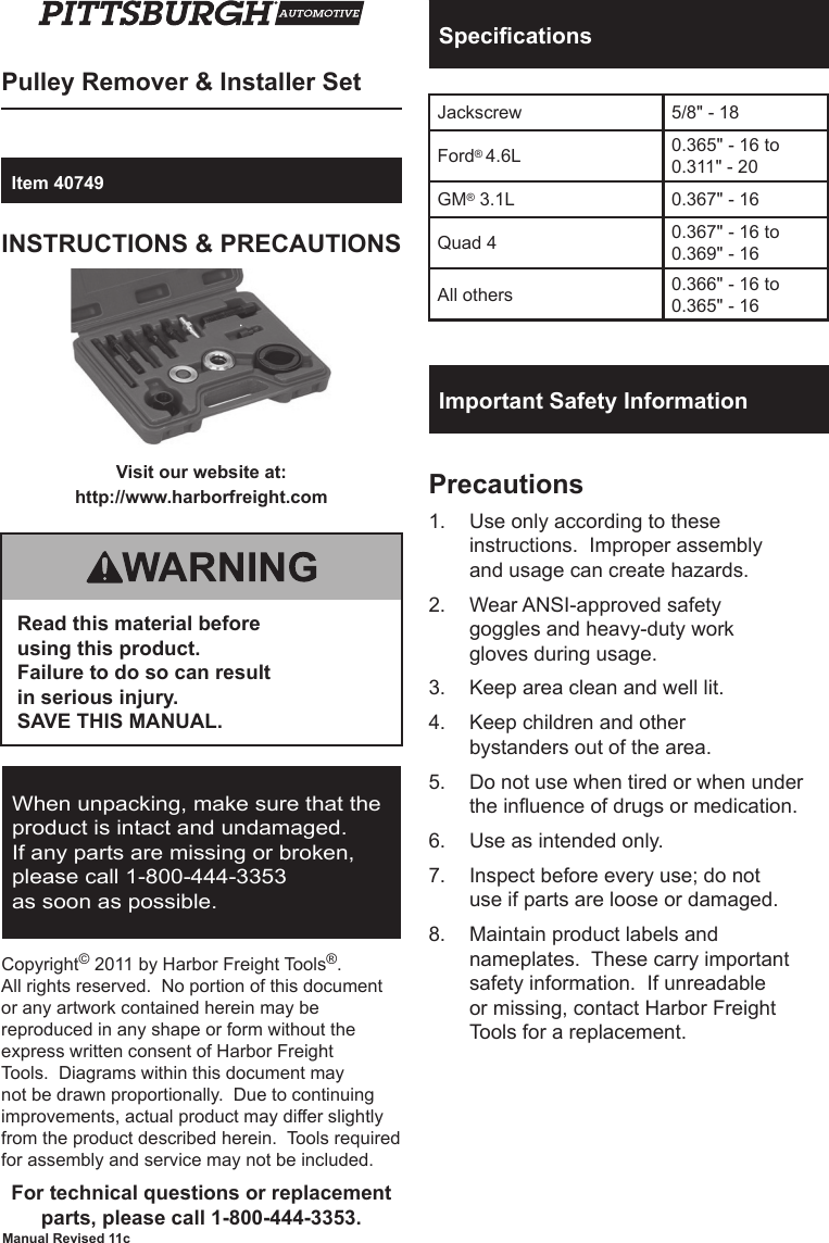 Harbor Freight Pulley Remover And Installer Set 12 Pc Product Manual
