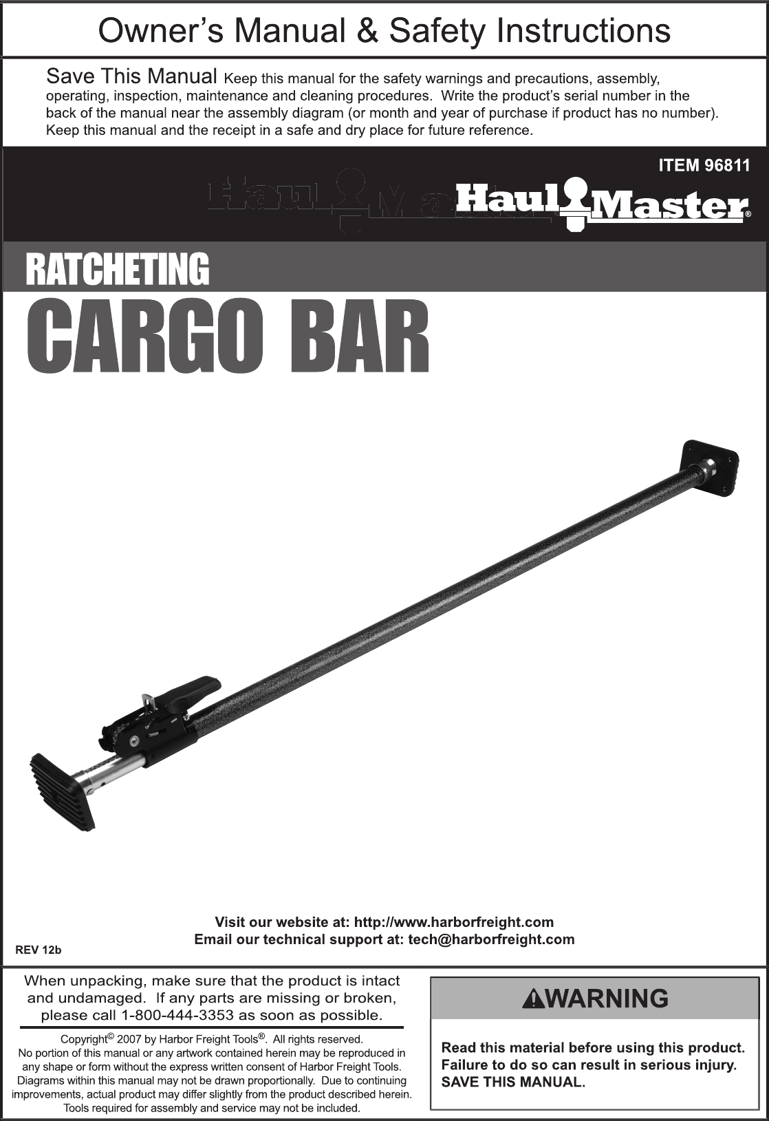 Page 1 of 4 - Harbor-Freight Harbor-Freight-Ratcheting-Cargo-Bar-Product-Manual-  Harbor-freight-ratcheting-cargo-bar-product-manual