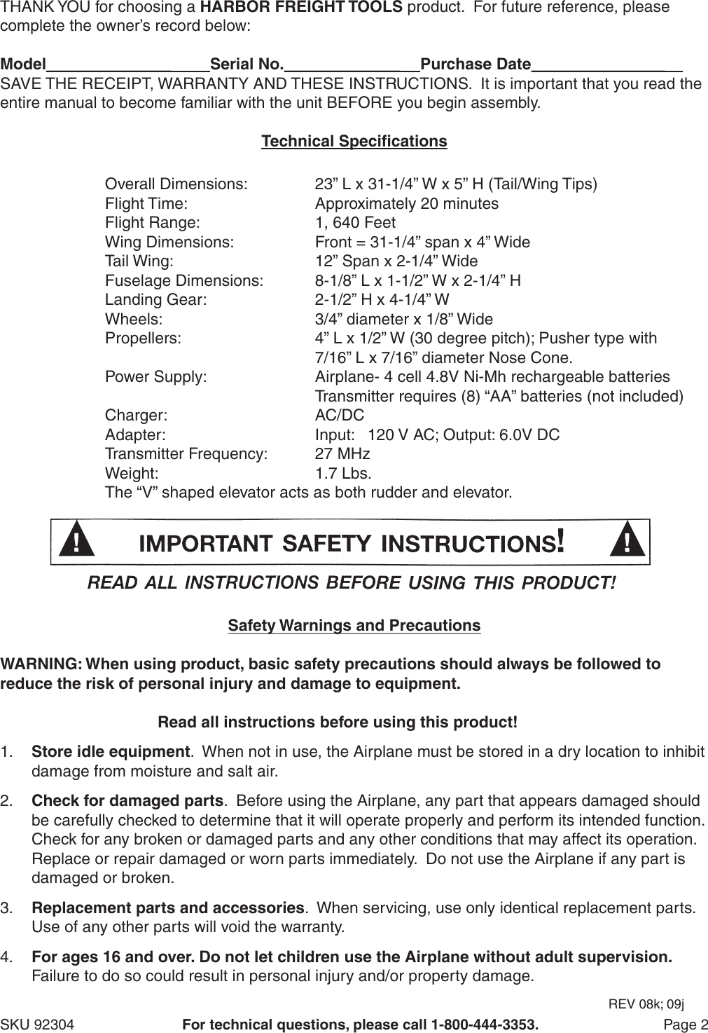 Page 2 of 7 - Harbor-Freight Harbor-Freight-Rechargeable-Radio-Control-Airplane-Product-Manual-  Harbor-freight-rechargeable-radio-control-airplane-product-manual