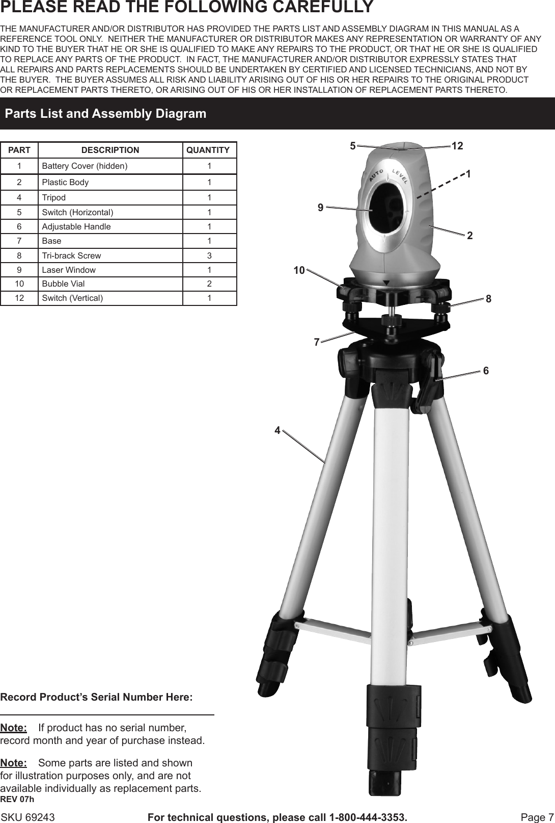 Page 7 of 8 - Harbor-Freight Harbor-Freight-Self-Leveling-Laser-Level-Kit-Product-Manual-  Harbor-freight-self-leveling-laser-level-kit-product-manual