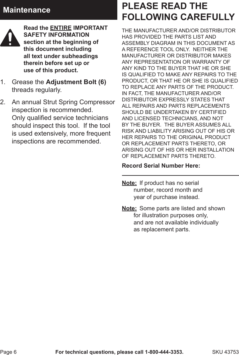 Page 6 of 8 - Harbor-Freight Harbor-Freight-Single-Action-Strut-Spring-Compressor-Product-Manual-  Harbor-freight-single-action-strut-spring-compressor-product-manual