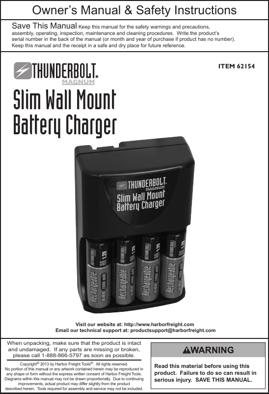 Page 1 of 4 - Harbor-Freight Harbor-Freight-Slim-Wall-Mount-Battery-Charger-Product-Manual-  Harbor-freight-slim-wall-mount-battery-charger-product-manual