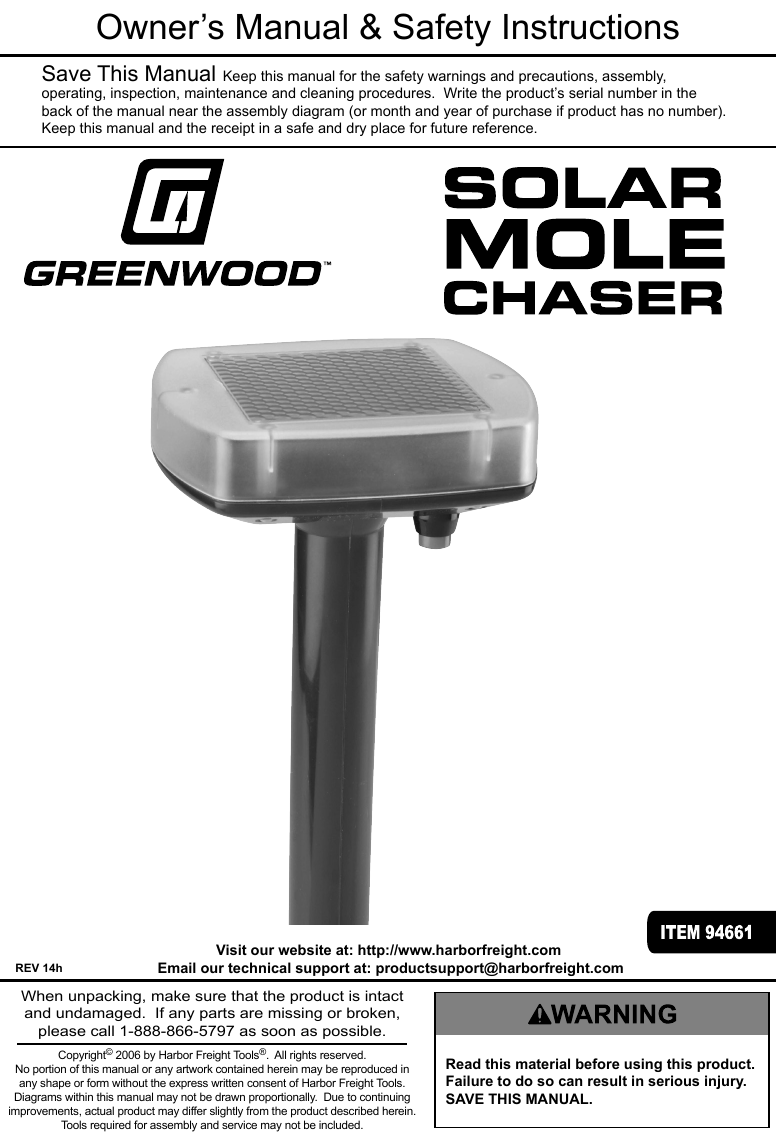 Page 1 of 8 - Harbor-Freight Harbor-Freight-Solar-Mole-Chaser-Product-Manual-  Harbor-freight-solar-mole-chaser-product-manual
