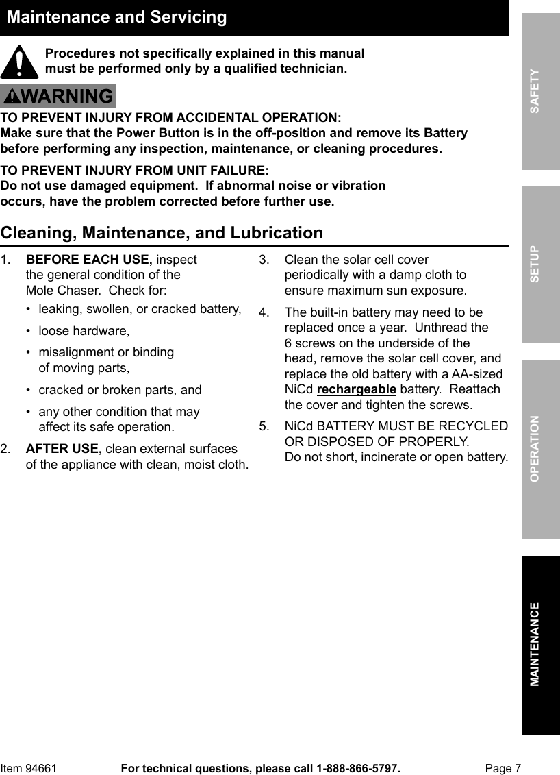 Page 7 of 8 - Harbor-Freight Harbor-Freight-Solar-Mole-Chaser-Product-Manual-  Harbor-freight-solar-mole-chaser-product-manual