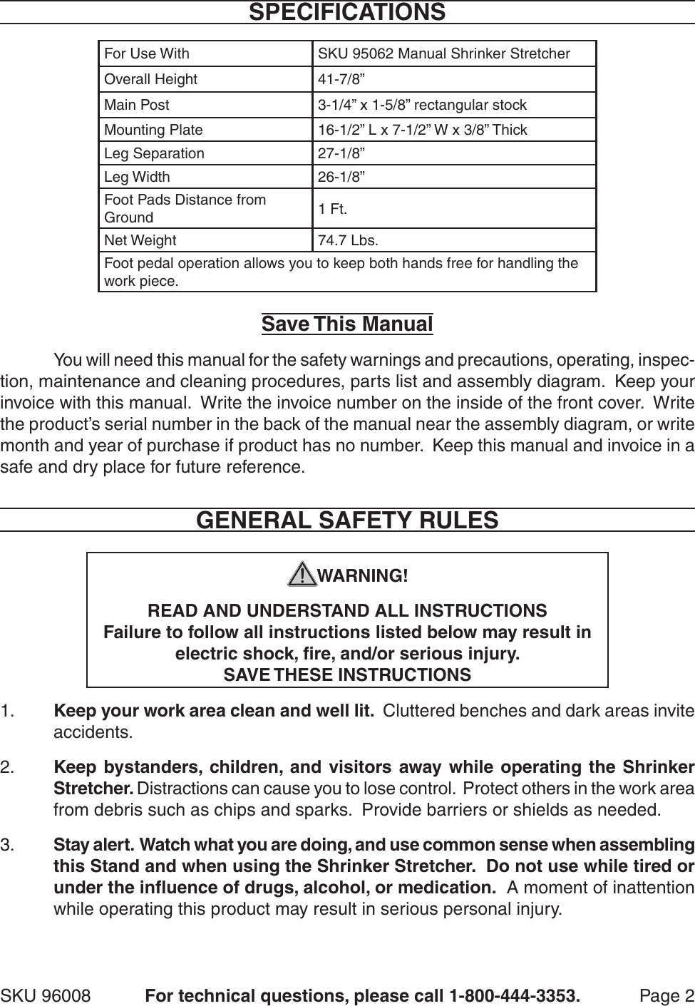 Page 2 of 8 - Harbor-Freight Harbor-Freight-Stand-For-Shrinker-And-Stretcher-Machines-Product-Manual-  Harbor-freight-stand-for-shrinker-and-stretcher-machines-product-manual