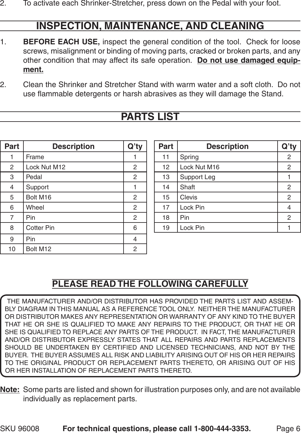 Page 6 of 8 - Harbor-Freight Harbor-Freight-Stand-For-Shrinker-And-Stretcher-Machines-Product-Manual-  Harbor-freight-stand-for-shrinker-and-stretcher-machines-product-manual