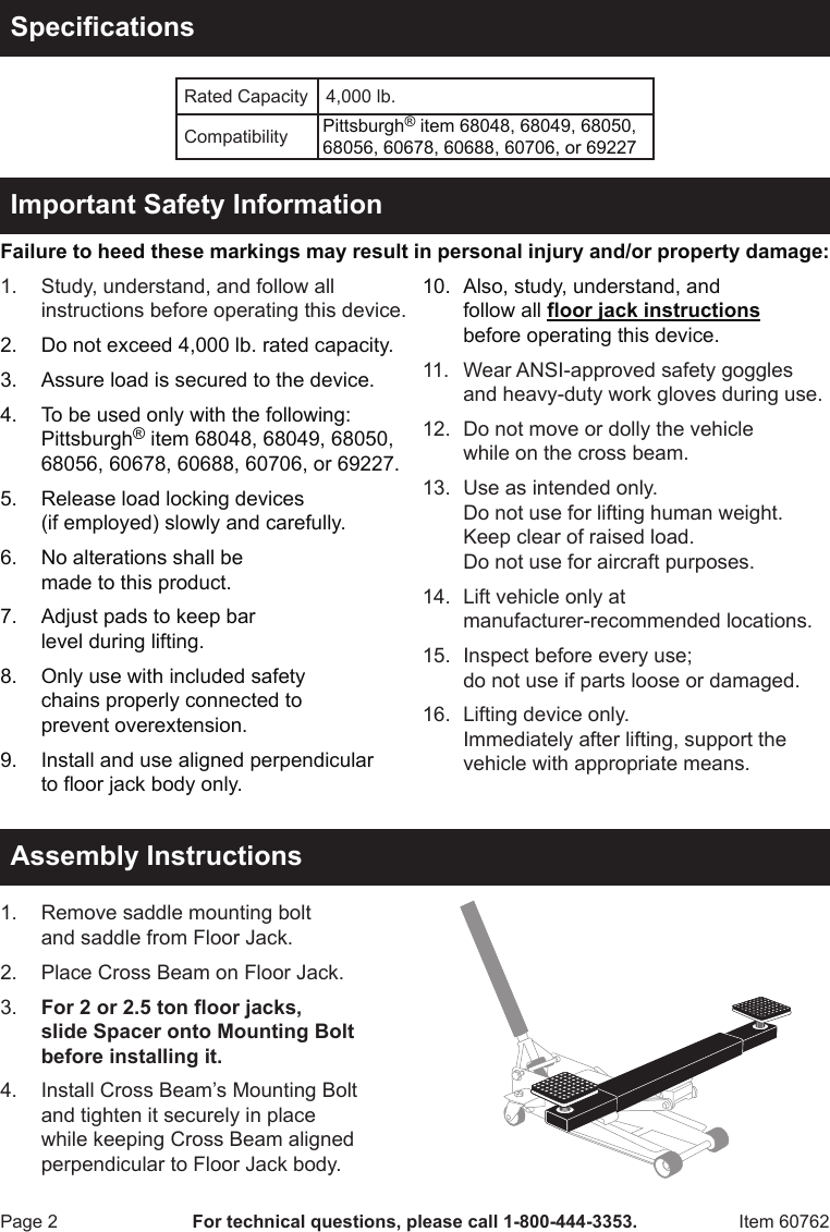 Page 2 of 4 - Harbor-Freight Harbor-Freight-Steel-Floor-Jack-Cross-Beam-Product-Manual-  Harbor-freight-steel-floor-jack-cross-beam-product-manual
