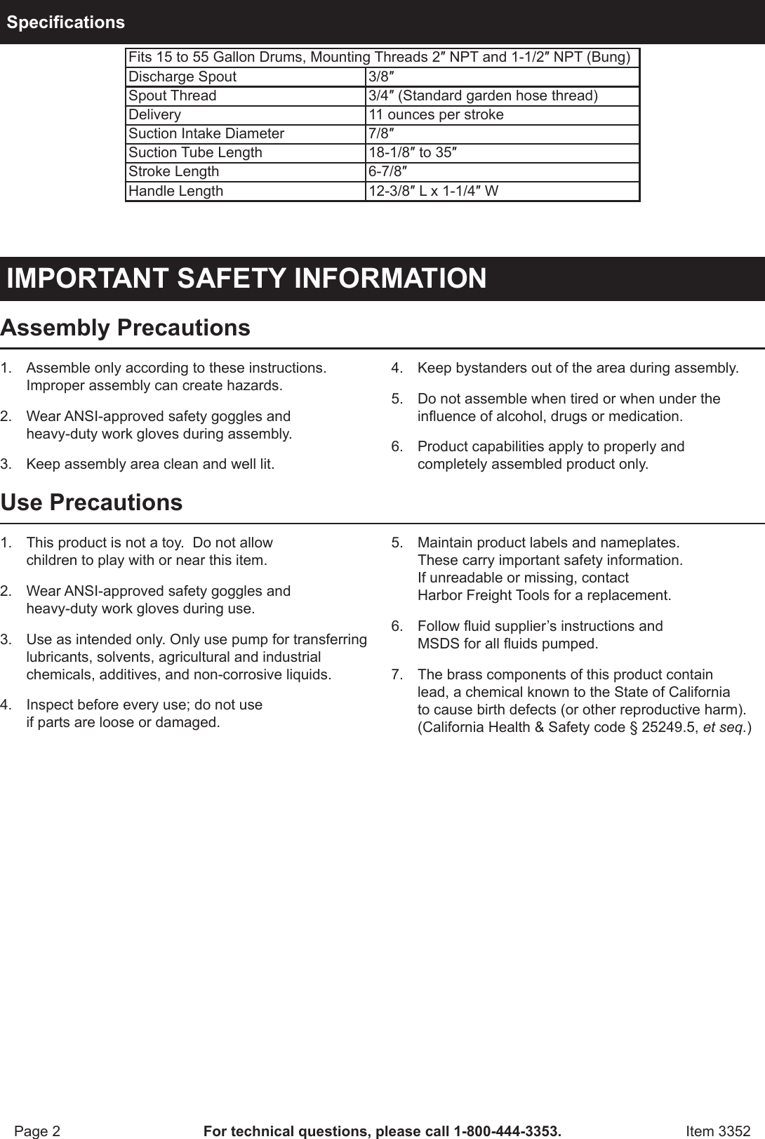 Page 2 of 4 - Harbor-Freight Harbor-Freight-Steel-Lever-Barrel-Pump-Product-Manual-  Harbor-freight-steel-lever-barrel-pump-product-manual