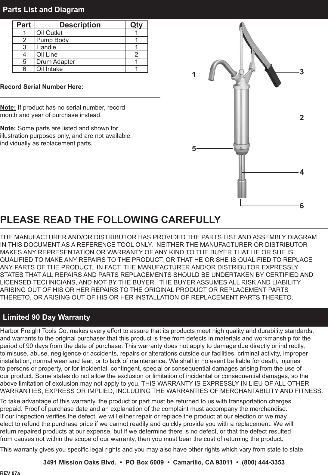 Page 4 of 4 - Harbor-Freight Harbor-Freight-Steel-Lever-Barrel-Pump-Product-Manual-  Harbor-freight-steel-lever-barrel-pump-product-manual