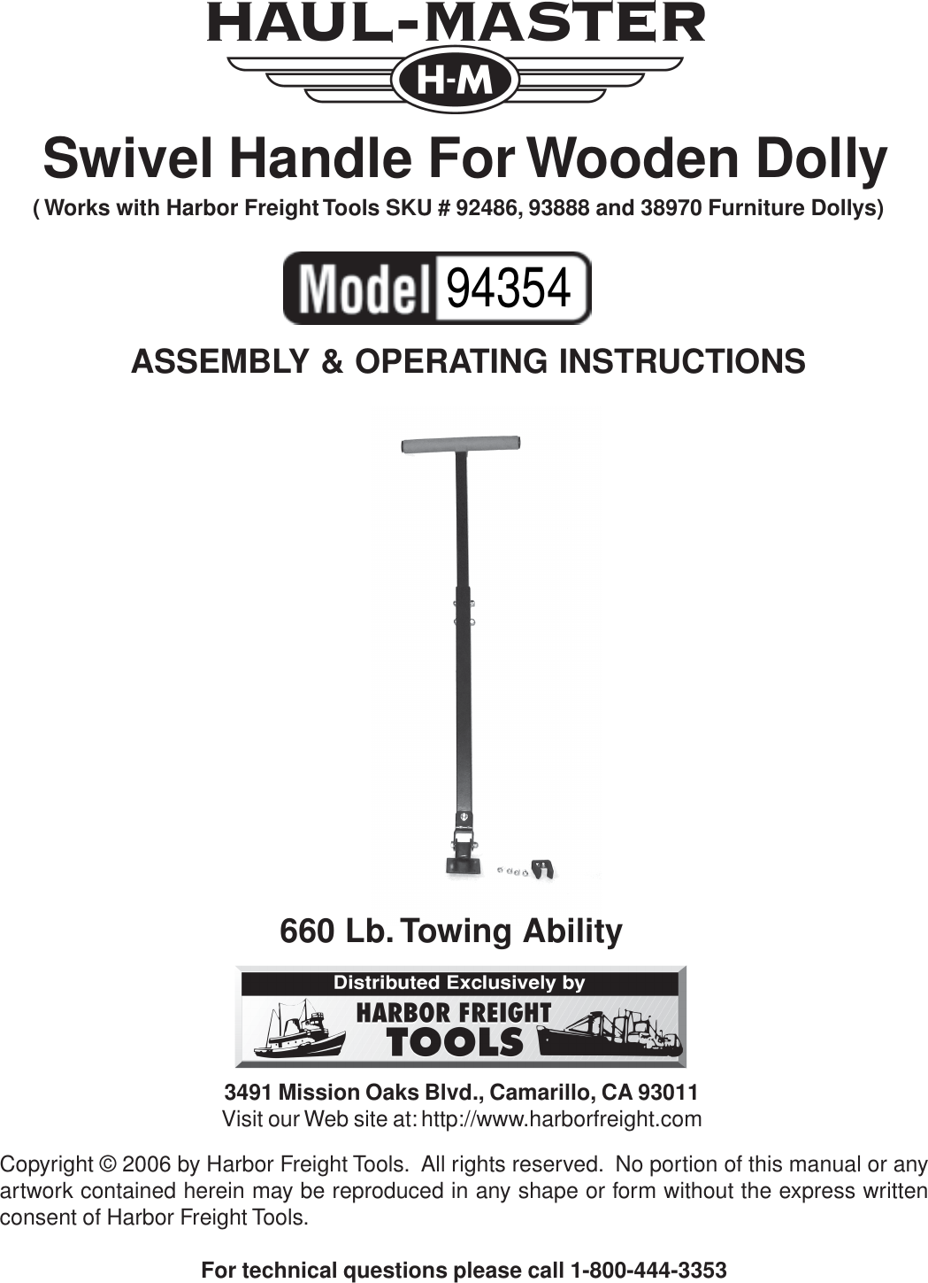 Page 1 of 2 - Harbor-Freight Harbor-Freight-Swivel-Handle-For-Wooden-Dolly-Product-Manual- 94354 Handle For Dolly  Harbor-freight-swivel-handle-for-wooden-dolly-product-manual