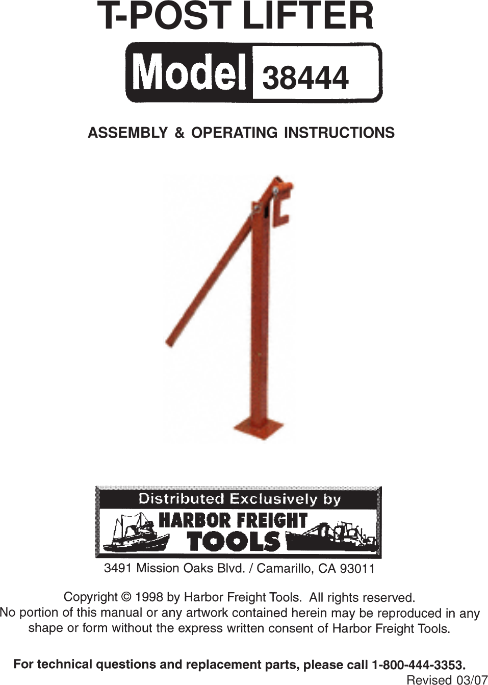 Page 1 of 3 - Harbor-Freight Harbor-Freight-T-Post-Lifter-Product-Manual- 38444 T Post Lifter Manual  Harbor-freight-t-post-lifter-product-manual