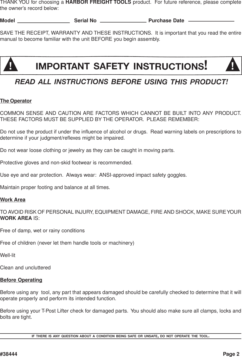 Page 2 of 3 - Harbor-Freight Harbor-Freight-T-Post-Lifter-Product-Manual- 38444 T Post Lifter Manual  Harbor-freight-t-post-lifter-product-manual