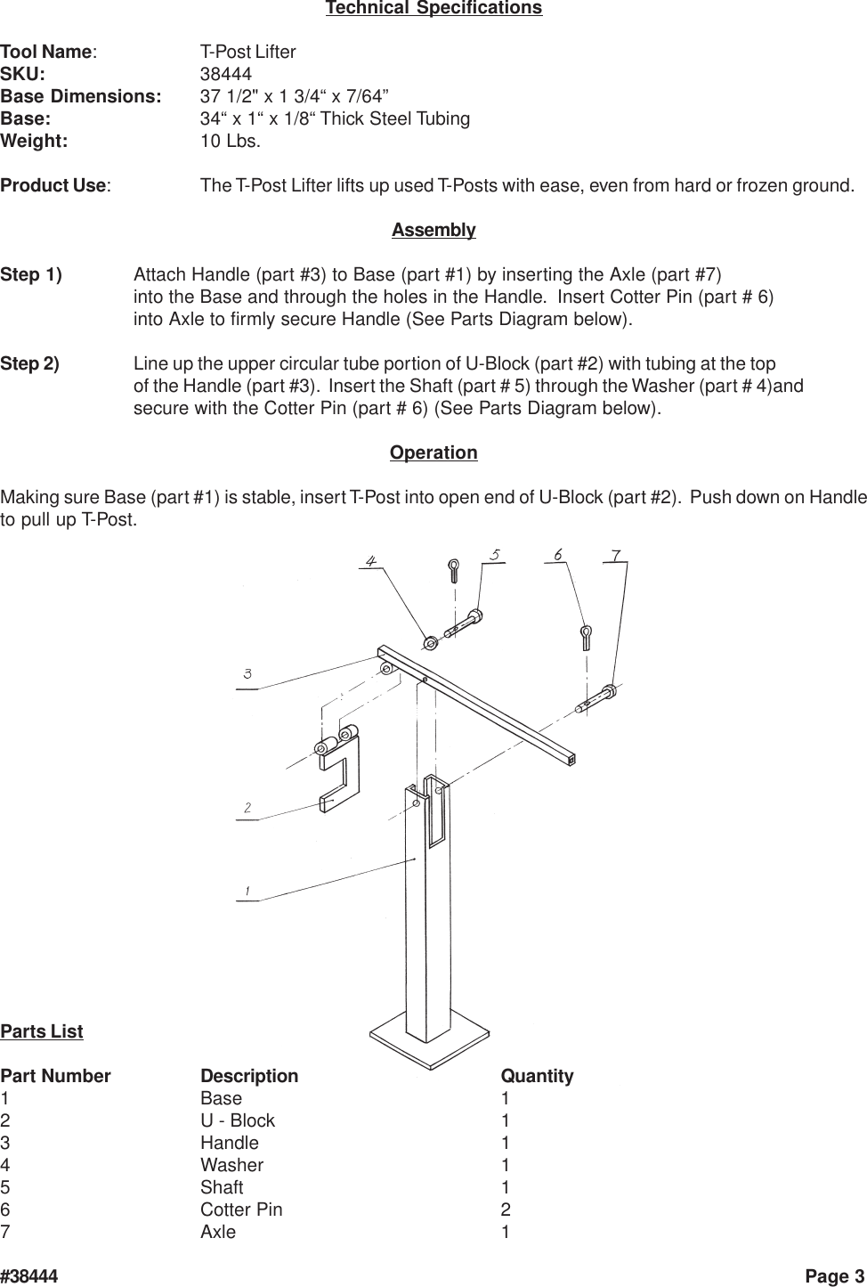 Page 3 of 3 - Harbor-Freight Harbor-Freight-T-Post-Lifter-Product-Manual- 38444 T Post Lifter Manual  Harbor-freight-t-post-lifter-product-manual