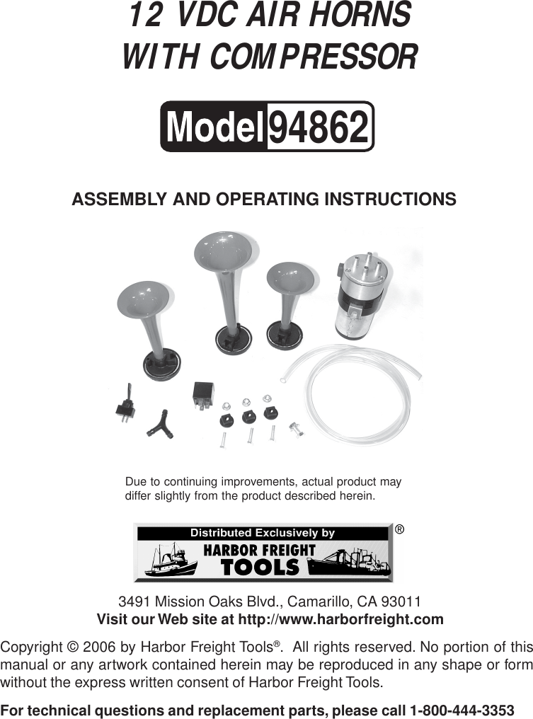 Page 1 of 7 - Harbor-Freight Harbor-Freight-Three-Trumpet-12V-Air-Horn-Set-With-Compressor-Product-Manual- 94862 Air Horns With Compressor  Harbor-freight-three-trumpet-12v-air-horn-set-with-compressor-product-manual