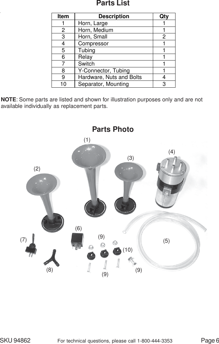 Page 6 of 7 - Harbor-Freight Harbor-Freight-Three-Trumpet-12V-Air-Horn-Set-With-Compressor-Product-Manual- 94862 Air Horns With Compressor  Harbor-freight-three-trumpet-12v-air-horn-set-with-compressor-product-manual