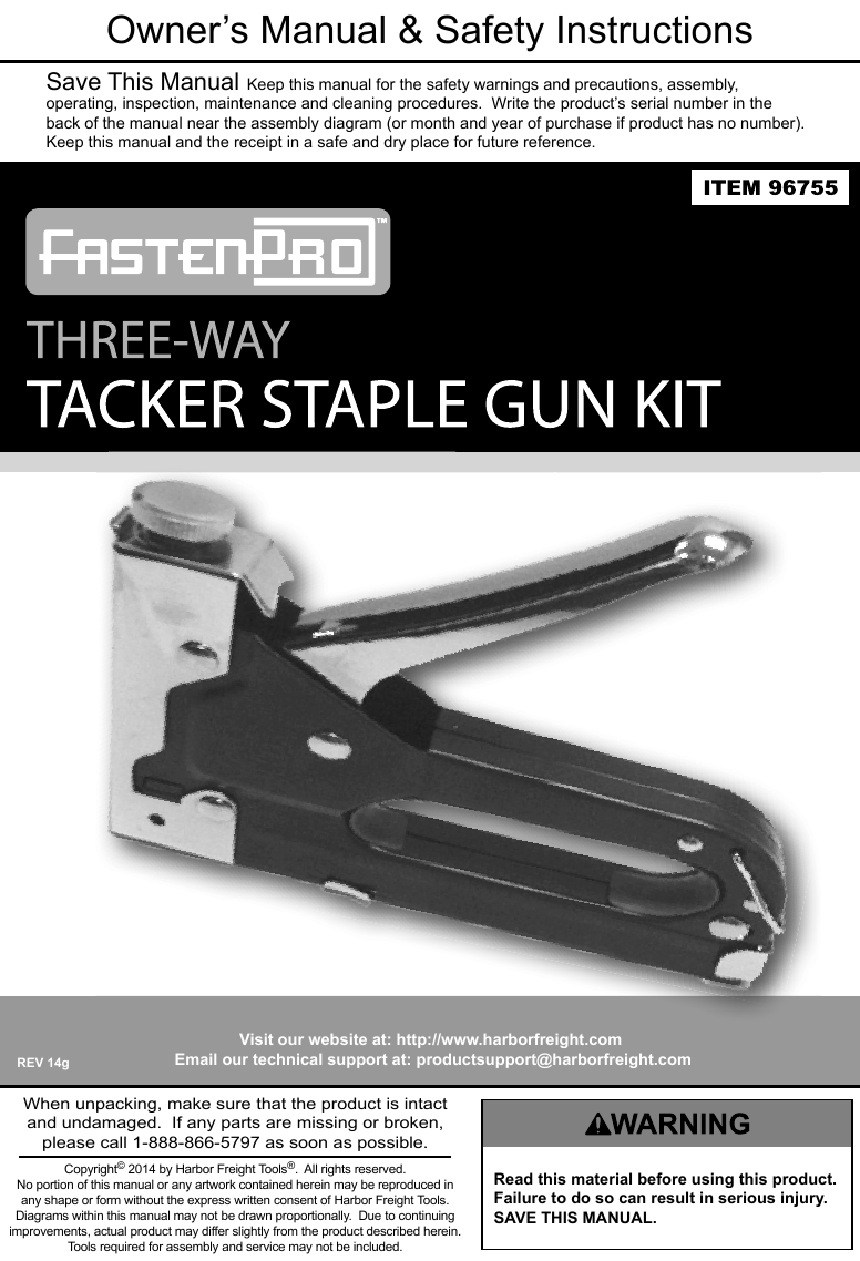 Harbor Freight Three Way Tacker Staple Gun Kit Product Manual