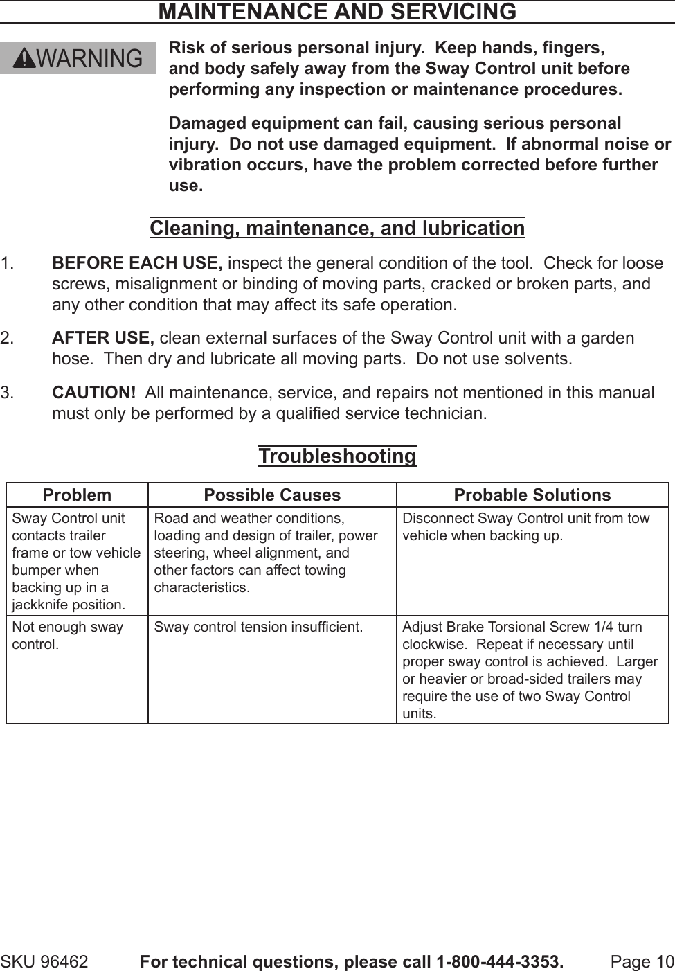 Page 10 of 12 - Harbor-Freight Harbor-Freight-Trailer-Sway-Control-Kit-Product-Manual-  Harbor-freight-trailer-sway-control-kit-product-manual