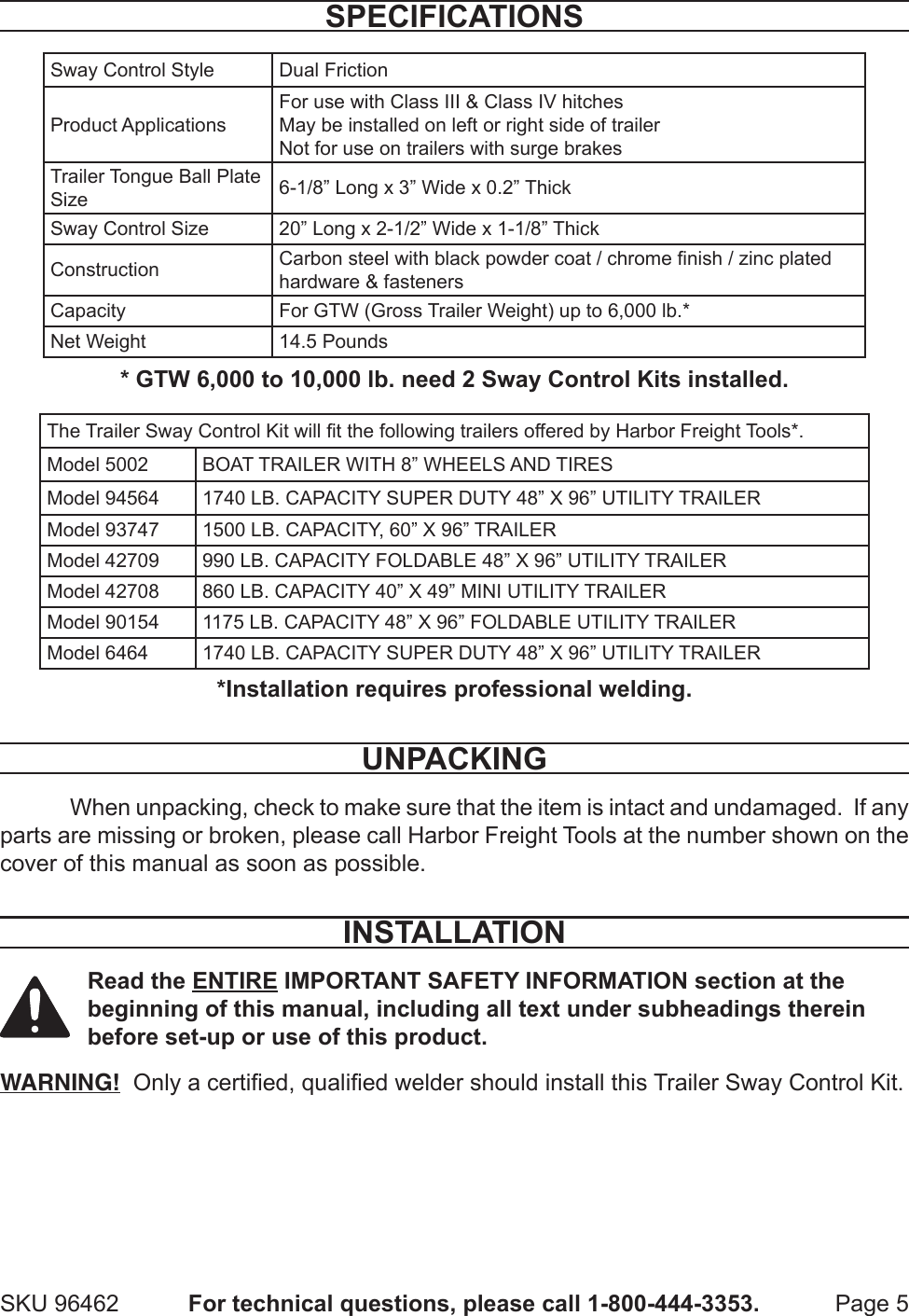 Page 5 of 12 - Harbor-Freight Harbor-Freight-Trailer-Sway-Control-Kit-Product-Manual-  Harbor-freight-trailer-sway-control-kit-product-manual