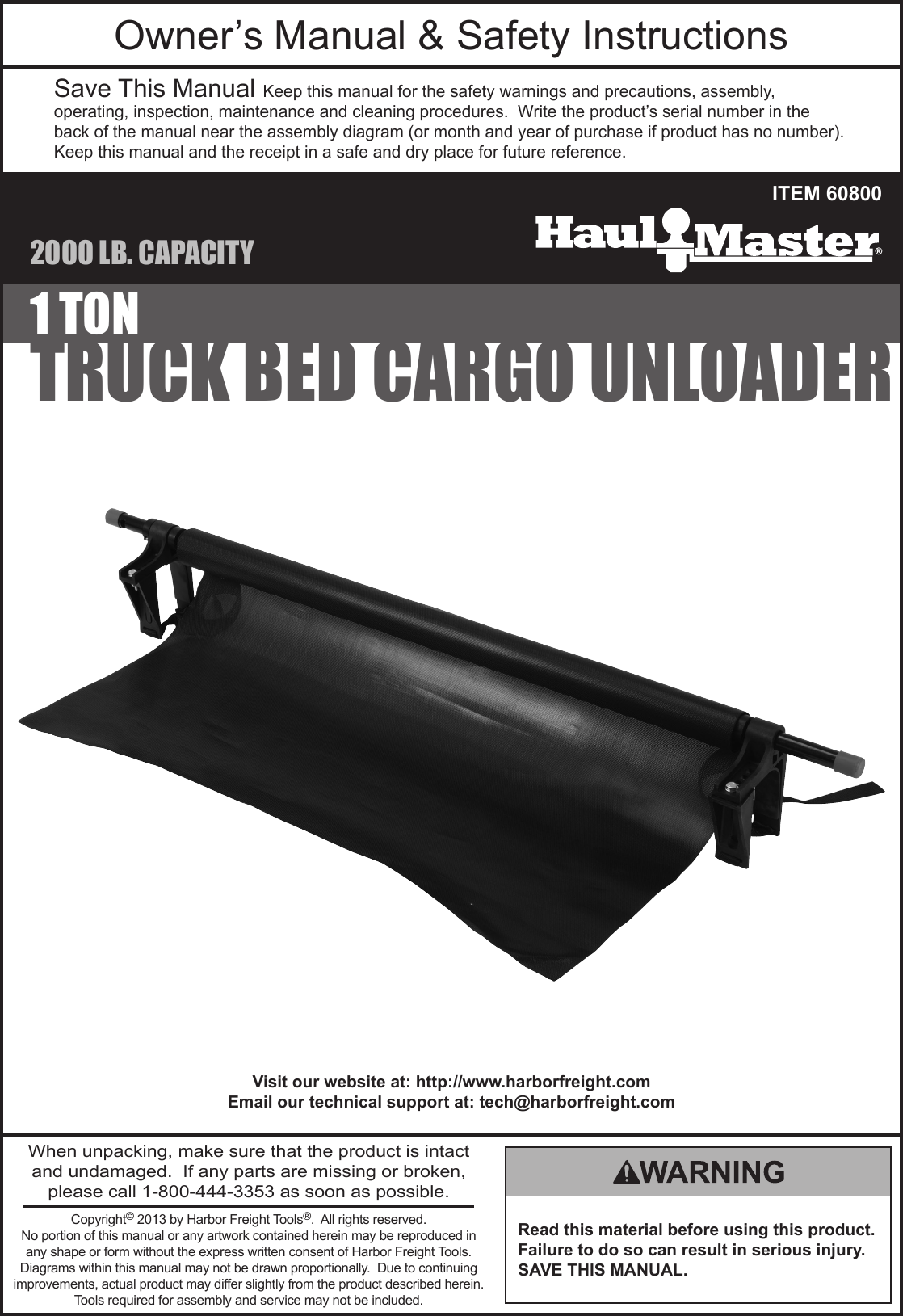 Harbor Freight Truck Bed Cargo Unloader Product Manual, 40 OFF