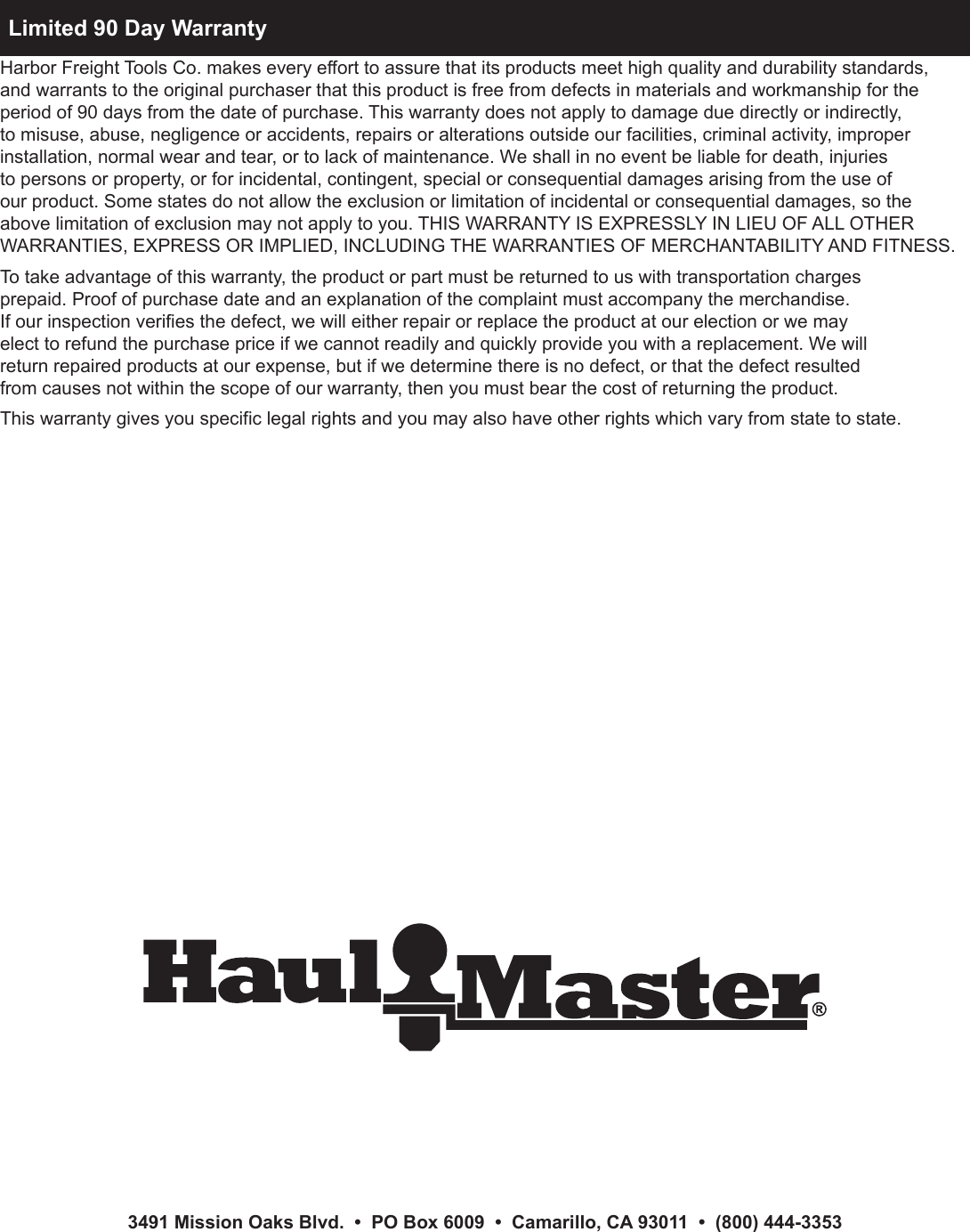 Page 12 of 12 - Harbor-Freight Harbor-Freight-Truck-Bed-Cargo-Unloader-Product-Manual-  Harbor-freight-truck-bed-cargo-unloader-product-manual