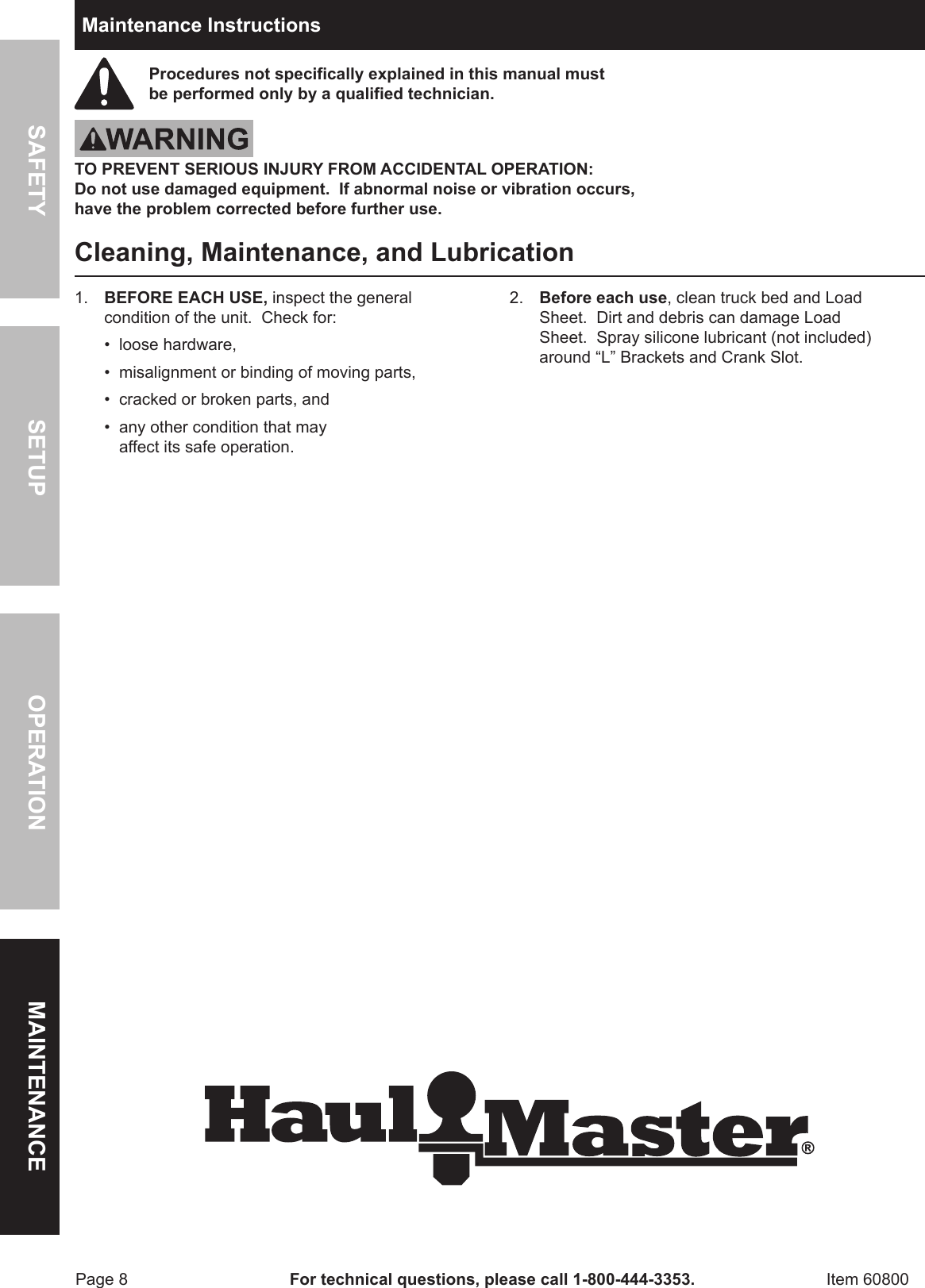 Page 8 of 12 - Harbor-Freight Harbor-Freight-Truck-Bed-Cargo-Unloader-Product-Manual-  Harbor-freight-truck-bed-cargo-unloader-product-manual