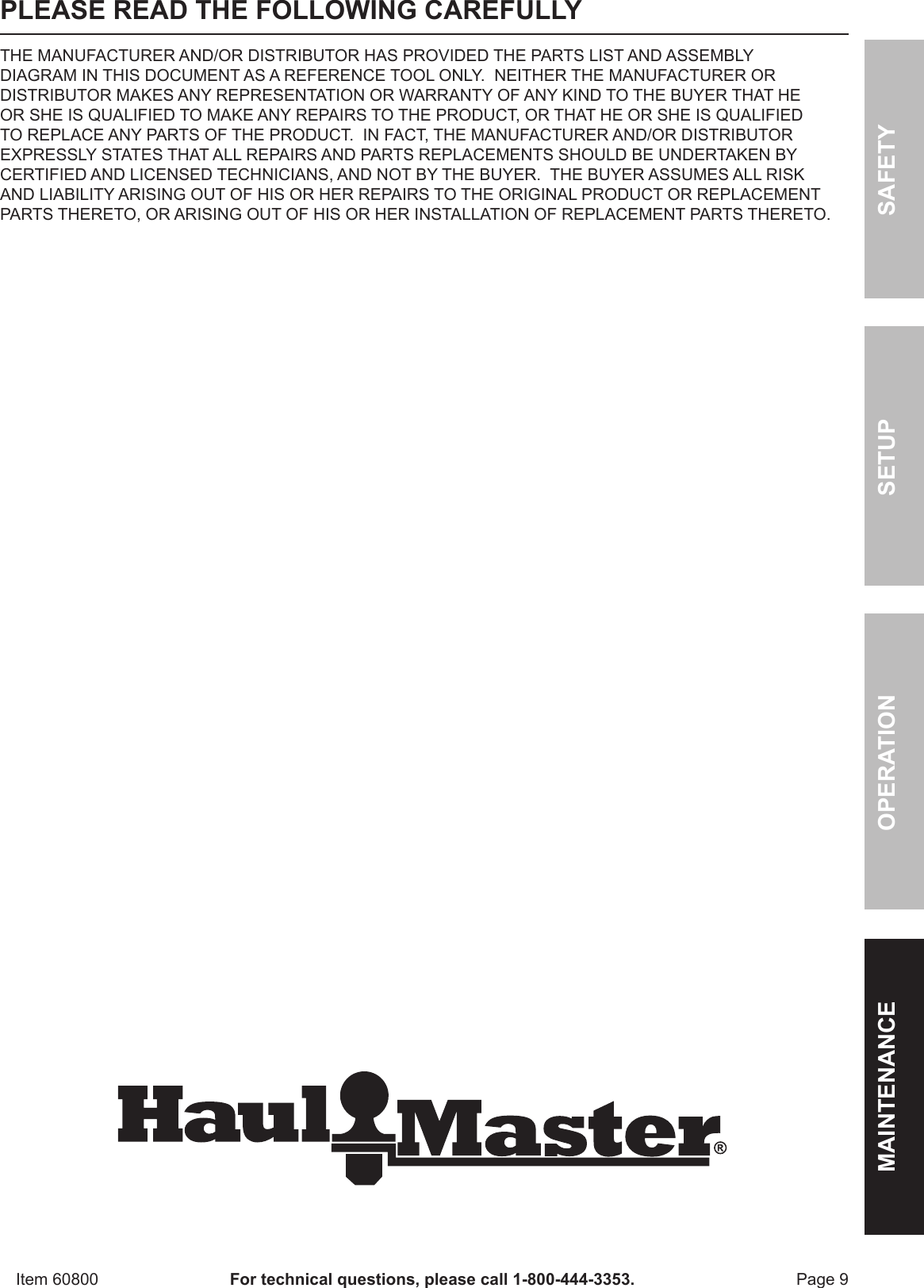 Page 9 of 12 - Harbor-Freight Harbor-Freight-Truck-Bed-Cargo-Unloader-Product-Manual-  Harbor-freight-truck-bed-cargo-unloader-product-manual