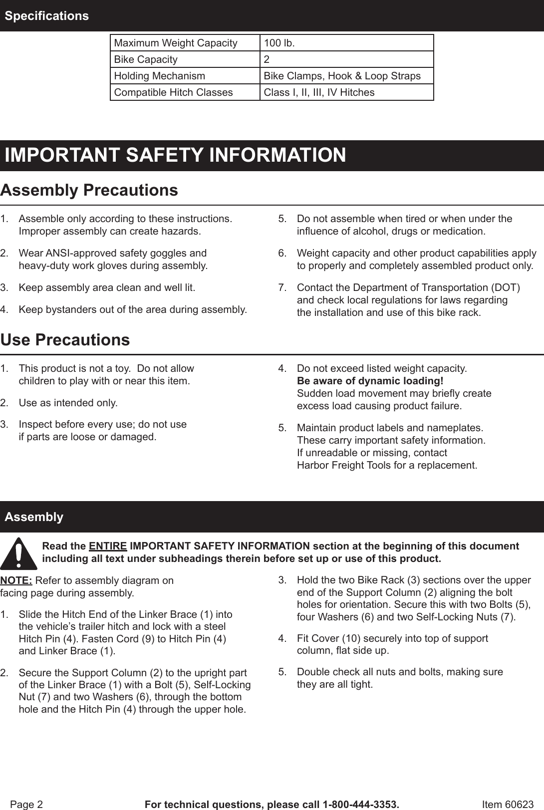 Page 2 of 4 - Harbor-Freight Harbor-Freight-Two-Bike-Hitch-Mount-Bike-Rack-Product-Manual-  Harbor-freight-two-bike-hitch-mount-bike-rack-product-manual