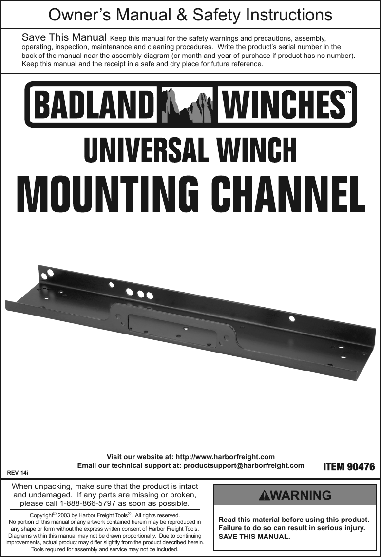 Page 1 of 4 - Harbor-Freight Harbor-Freight-Universal-Channel-Winch-Mount-Product-Manual-  Harbor-freight-universal-channel-winch-mount-product-manual