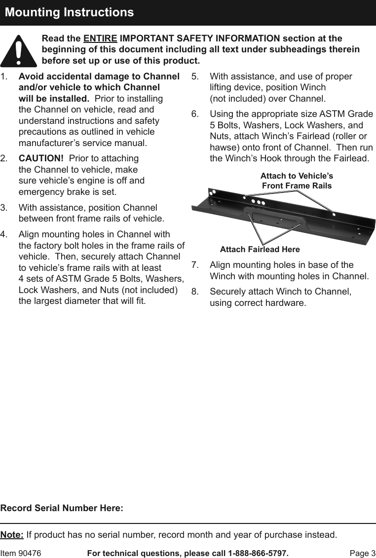 Page 3 of 4 - Harbor-Freight Harbor-Freight-Universal-Channel-Winch-Mount-Product-Manual-  Harbor-freight-universal-channel-winch-mount-product-manual
