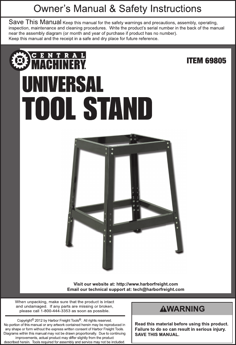 Harbor Freight Universal Tool Stand Product Manual
