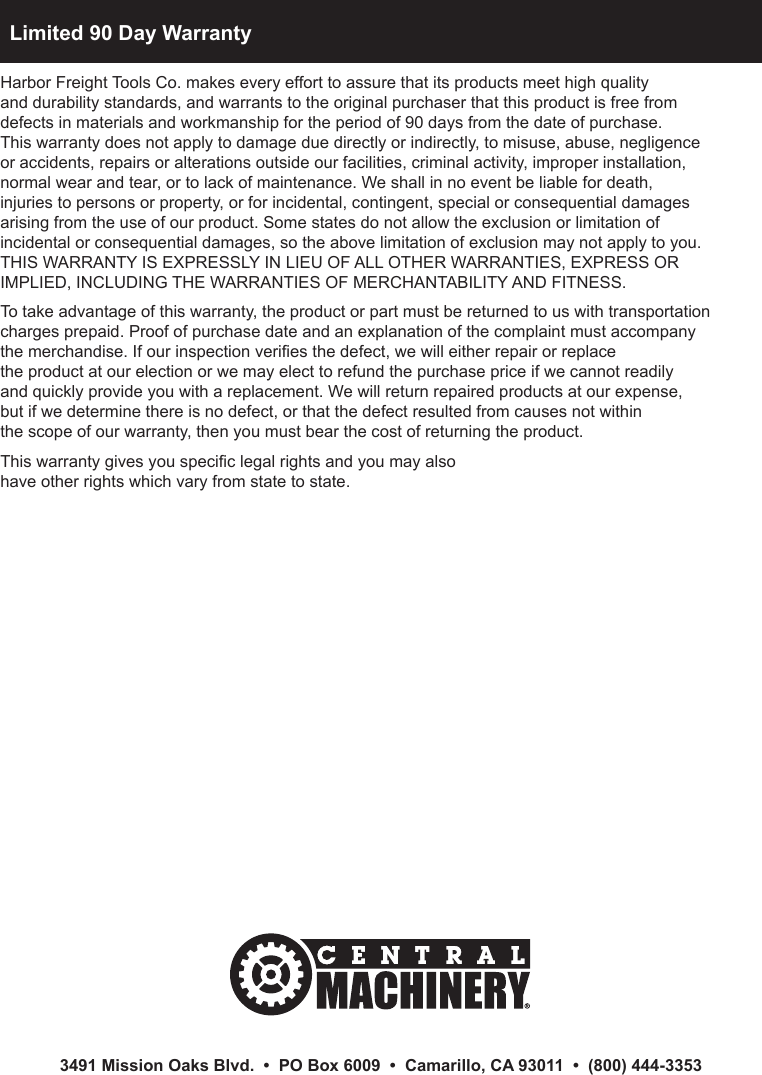 Page 12 of 12 - Harbor-Freight Harbor-Freight-Universal-Tool-Stand-Product-Manual-  Harbor-freight-universal-tool-stand-product-manual