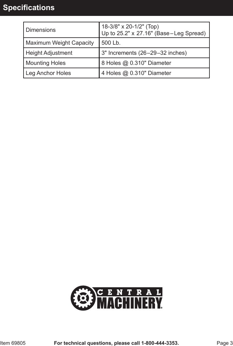 Harbor Freight Universal Tool Stand Product Manual