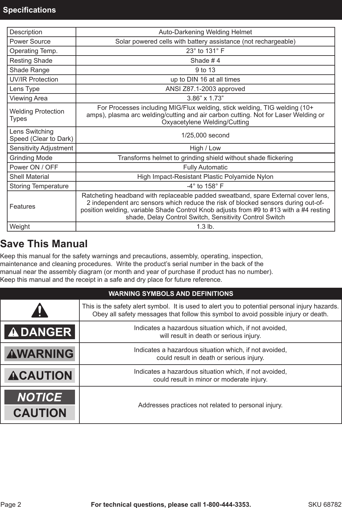 Page 2 of 8 - Harbor-Freight Harbor-Freight-Variable-Auto-Darkening-Welding-Helmet-With-Metal-Head-Design-Product-Manual-  Harbor-freight-variable-auto-darkening-welding-helmet-with-metal-head-design-product-manual