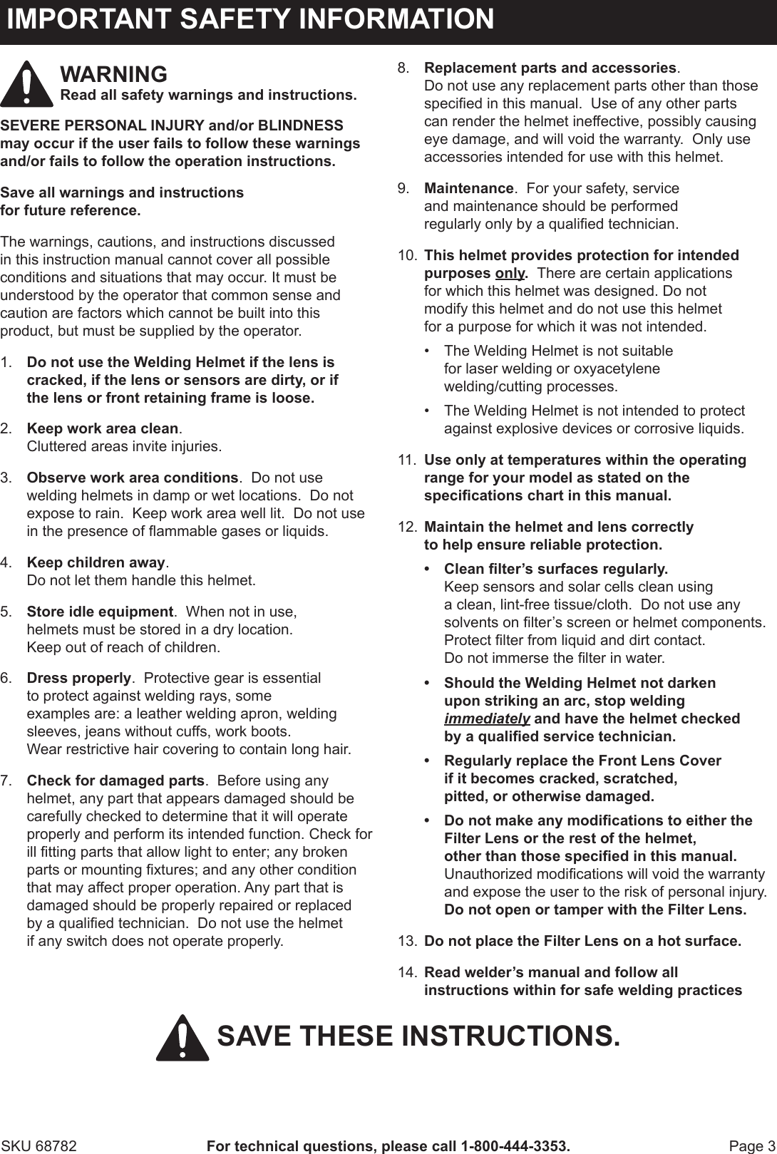 Page 3 of 8 - Harbor-Freight Harbor-Freight-Variable-Auto-Darkening-Welding-Helmet-With-Metal-Head-Design-Product-Manual-  Harbor-freight-variable-auto-darkening-welding-helmet-with-metal-head-design-product-manual