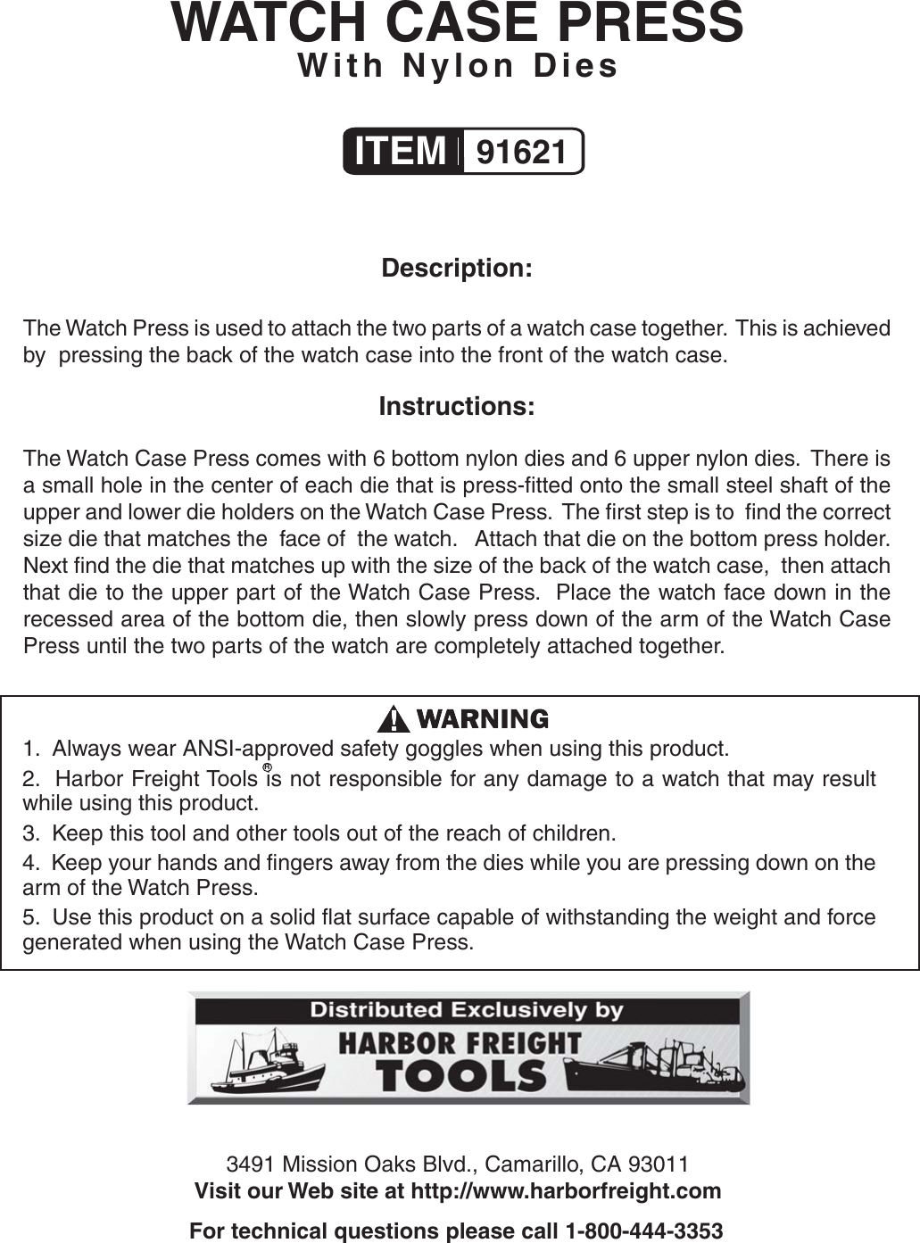 Page 1 of 1 - Harbor-Freight Harbor-Freight-Watch-Case-Press-With-Nylon-Dies-Product-Manual- 91621 Watch Case Press Instructions  Harbor-freight-watch-case-press-with-nylon-dies-product-manual