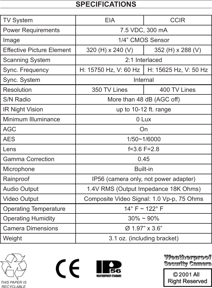 Page 4 of 4 - Harbor-Freight Harbor-Freight-Weatherproof-Security-Camera-With-Night-Vision-Product-Manual-  Harbor-freight-weatherproof-security-camera-with-night-vision-product-manual