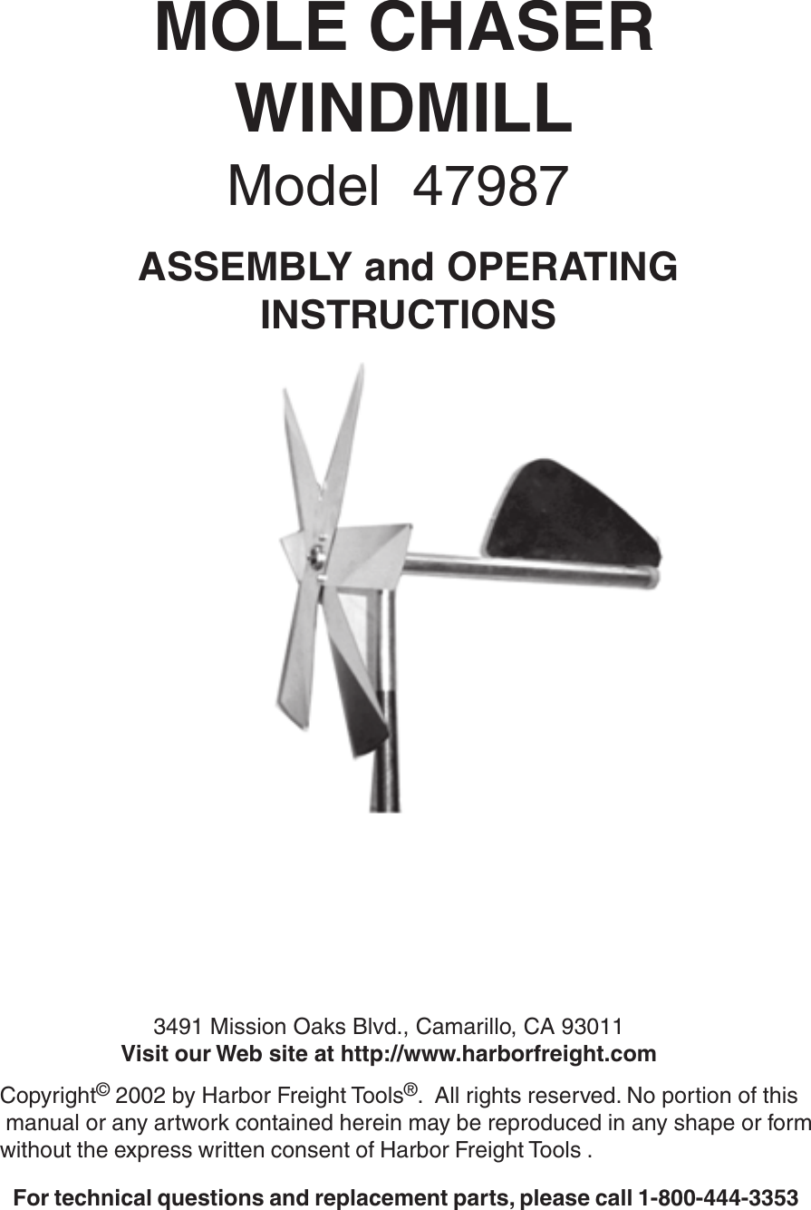 Page 1 of 5 - Harbor-Freight Harbor-Freight-Windmill-Mole-Chaser-Product-Manual- 47987 Manual  Harbor-freight-windmill-mole-chaser-product-manual