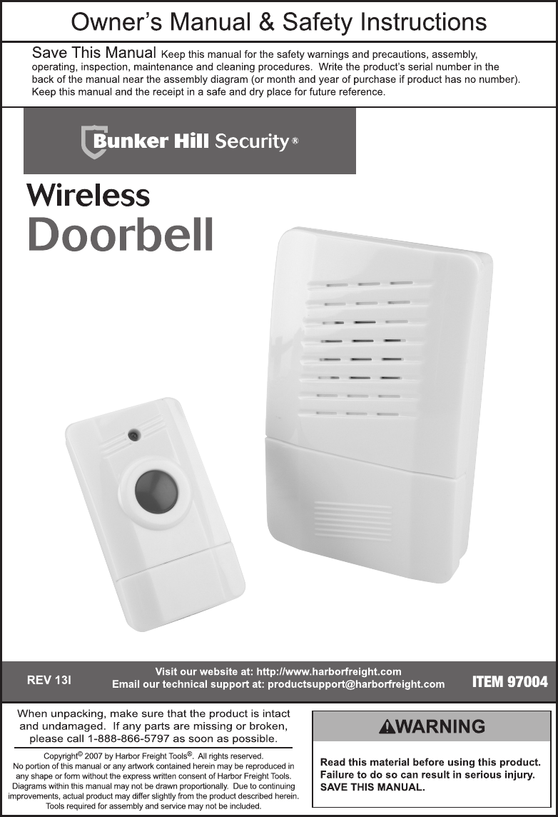 Page 1 of 8 - Harbor-Freight Harbor-Freight-Wireless-Doorbell-Product-Manual-  Harbor-freight-wireless-doorbell-product-manual