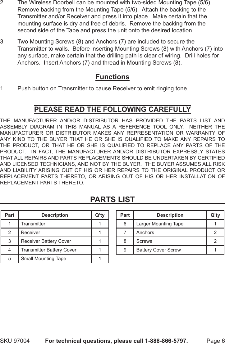 Page 6 of 8 - Harbor-Freight Harbor-Freight-Wireless-Doorbell-Product-Manual-  Harbor-freight-wireless-doorbell-product-manual