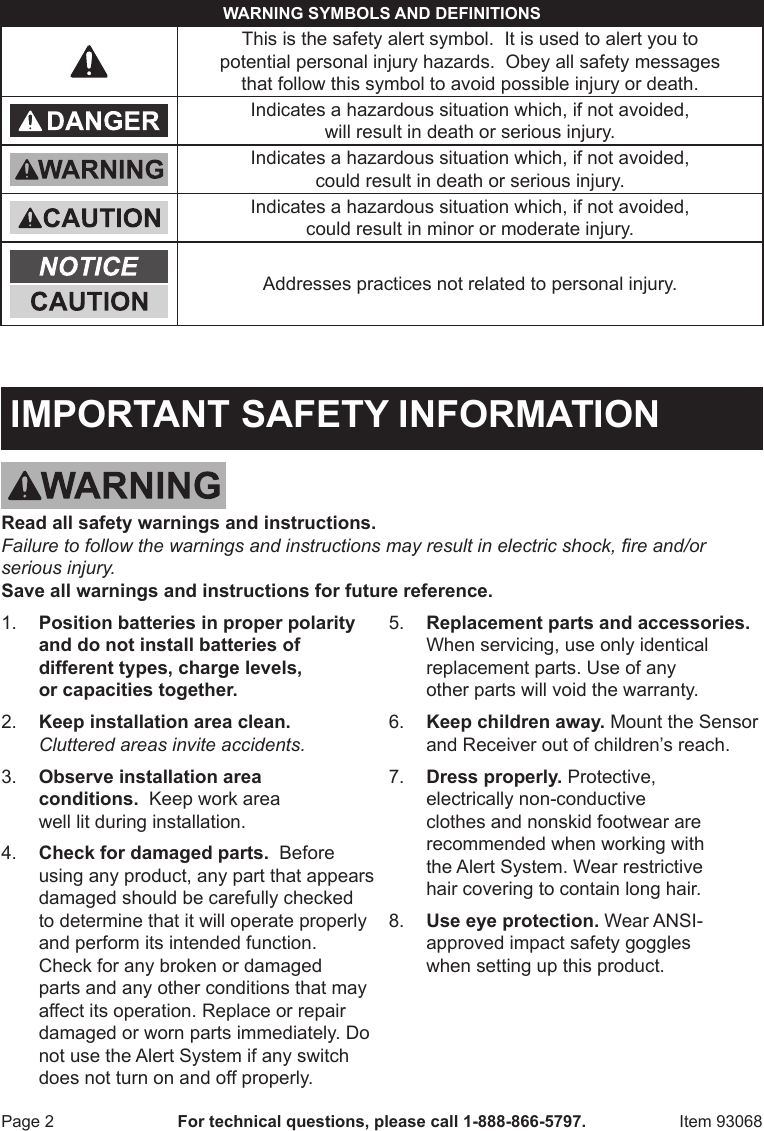 Page 2 of 8 - Harbor-Freight Harbor-Freight-Wireless-Security-Alert-System-Product-Manual- Harbor-freight-wireless-security-alert-system-product-manual