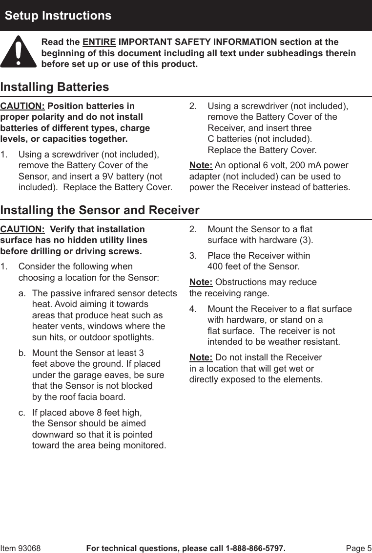 Page 5 of 8 - Harbor-Freight Harbor-Freight-Wireless-Security-Alert-System-Product-Manual- Harbor-freight-wireless-security-alert-system-product-manual