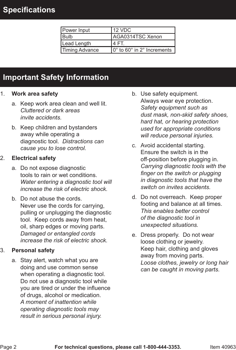 Page 2 of 12 - Harbor-Freight Harbor-Freight-Xenon-Advance-Timing-Light-Product-Manual-  Harbor-freight-xenon-advance-timing-light-product-manual